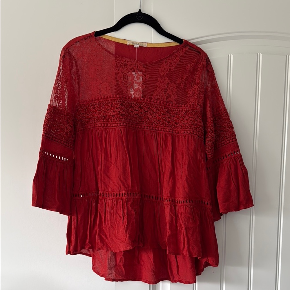 Taylor & Sage Red Relaxed Blouse with Tiered Design